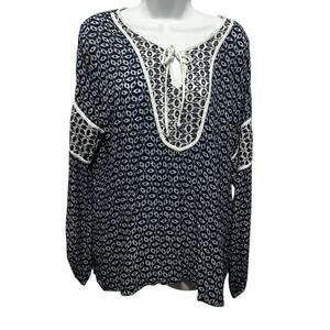 Fever Womens Boho Peasant Top XL Blue Embroidered Rayon Cottagecore Hippie Style